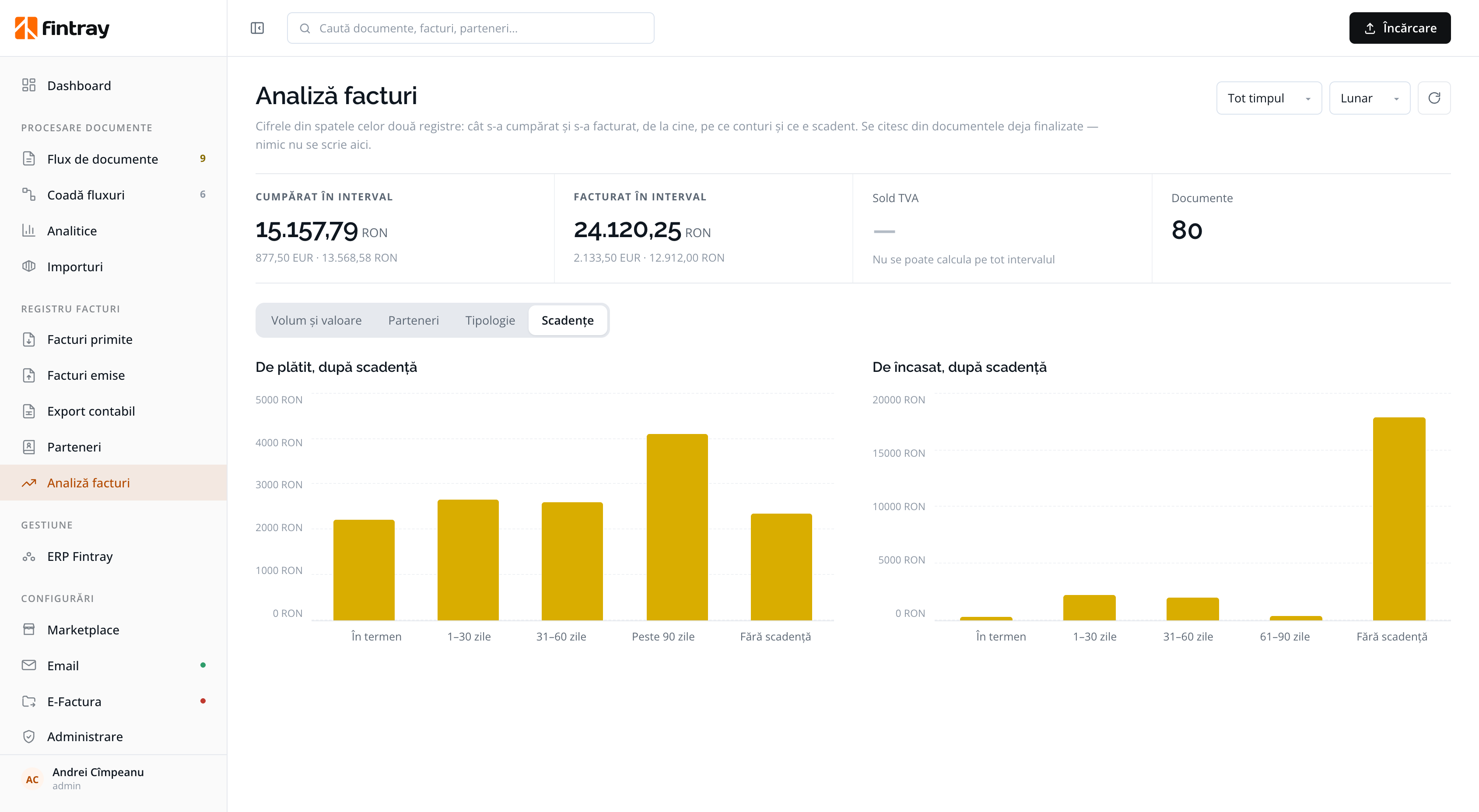 Invoice analysis: purchased and invoiced over the period, with payables and receivables coming due