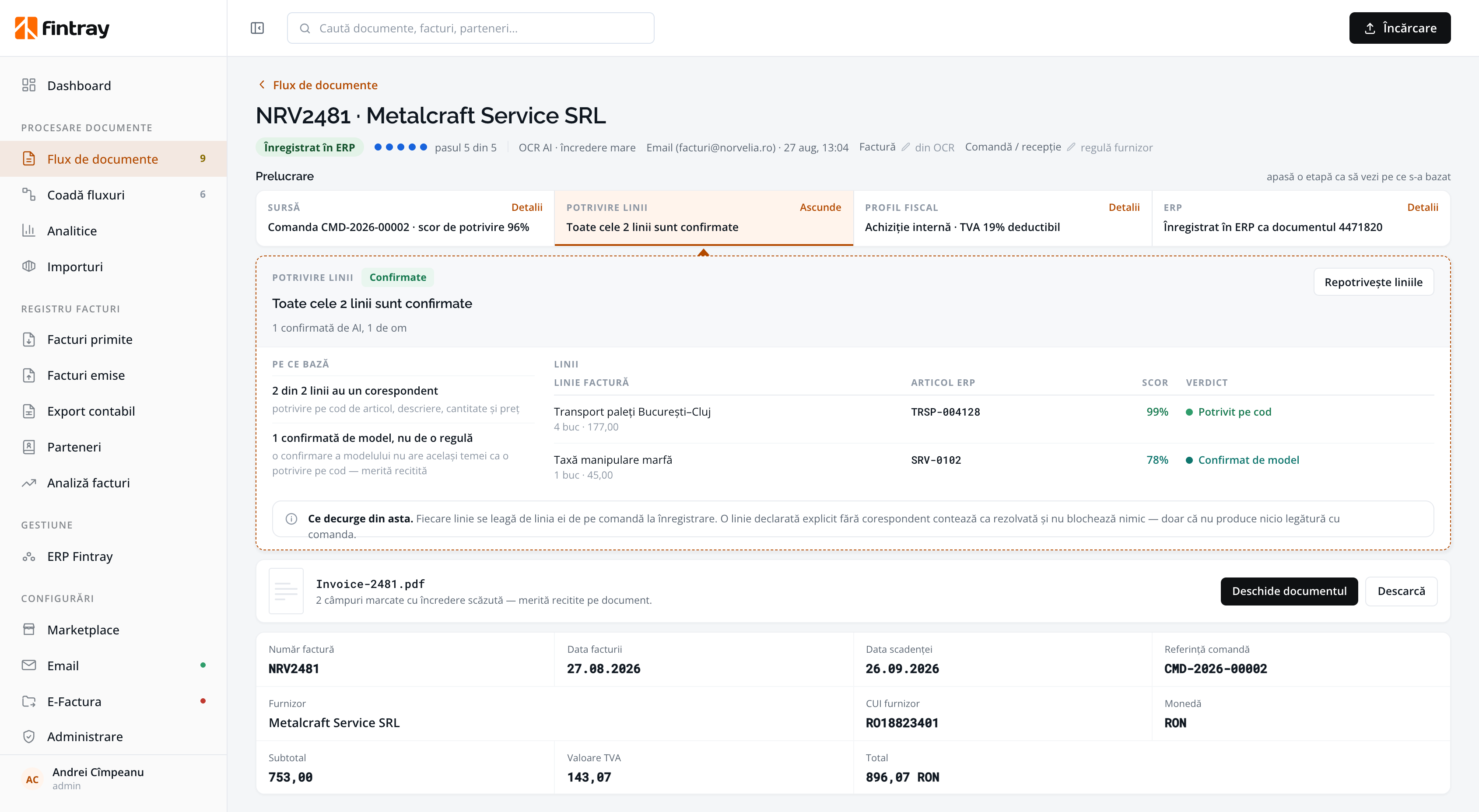 A document posted to the ERP, with its stages and the basis of every decision