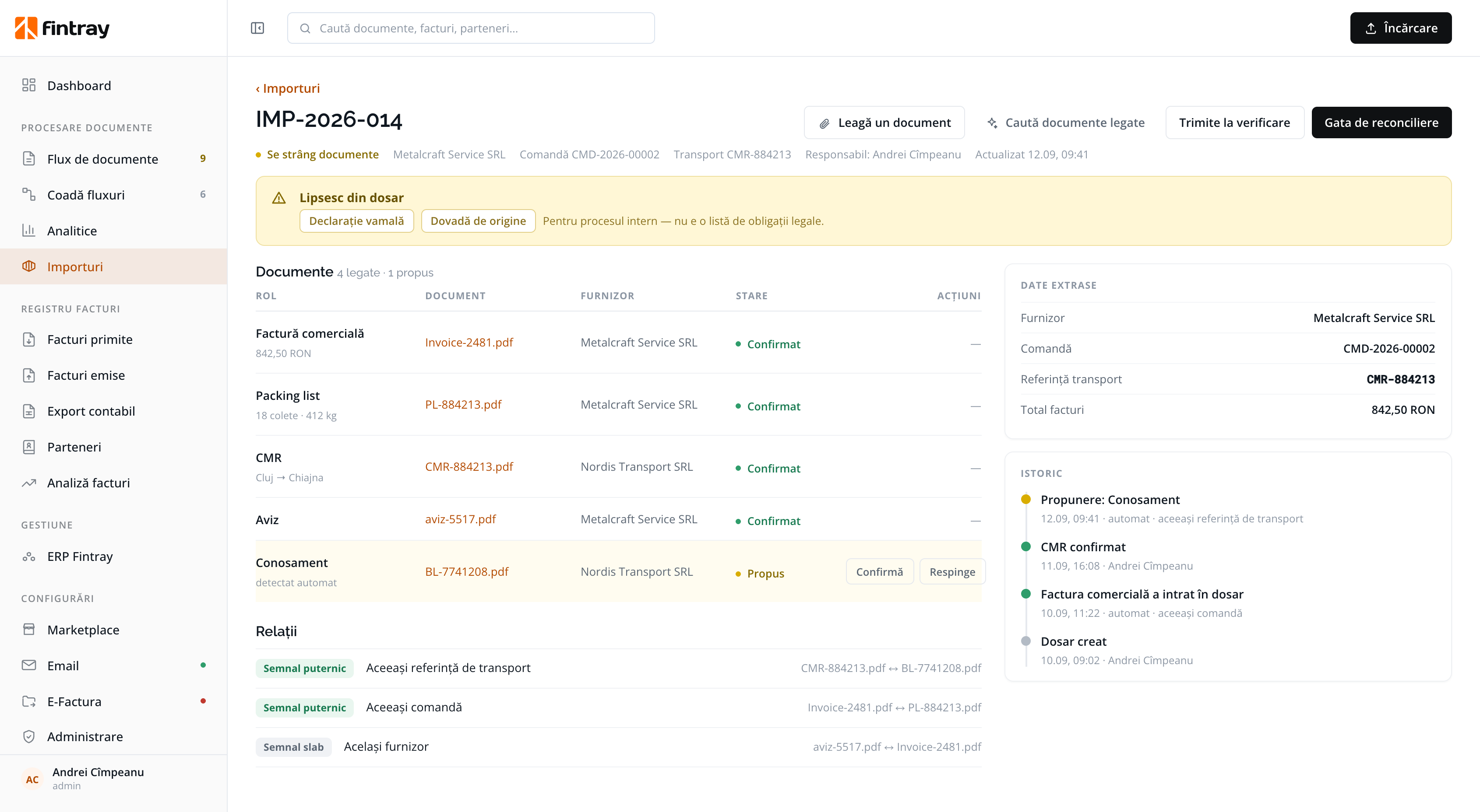 Import file IMP-2026-014: the linked documents, the relationships detected and the history