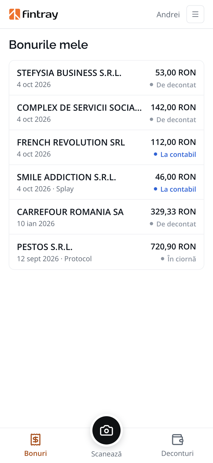 The “My receipts” screen in the phone app: the scanned receipts, each with its amount and status