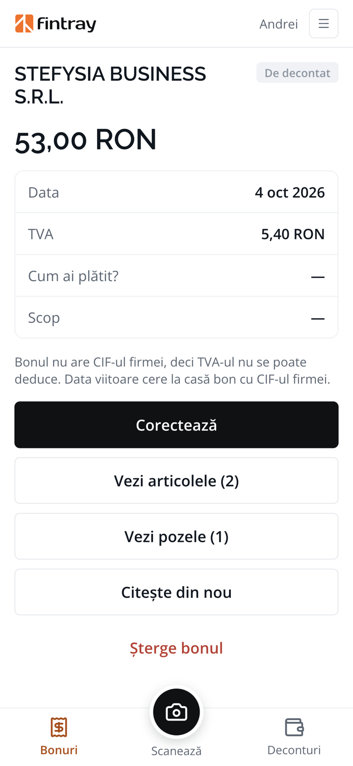 A receipt that has been read: the shop, the amount, the date, the VAT and the note that the receipt does not carry the company's tax ID