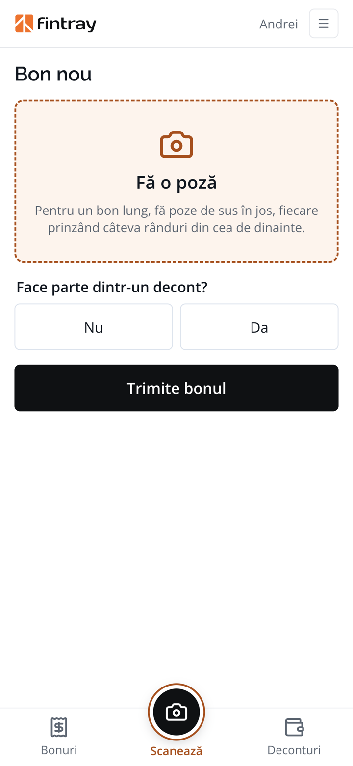 The “New receipt” screen in the phone app: a photo, and the question whether the receipt belongs to an expense report